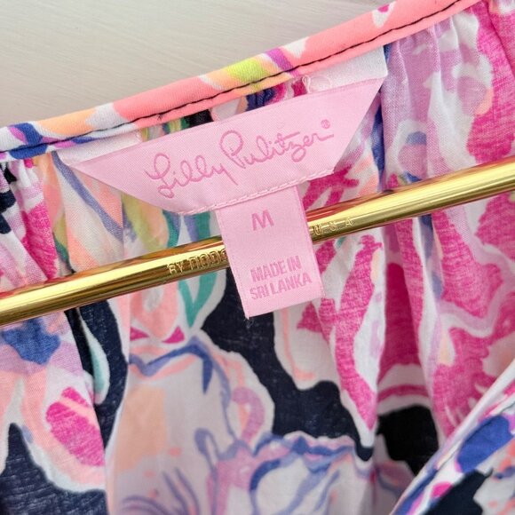 Medium Lilly Pulitzer Willa Bright Navy Tipping Point Floral Peasant Top - Picture 3 of 8